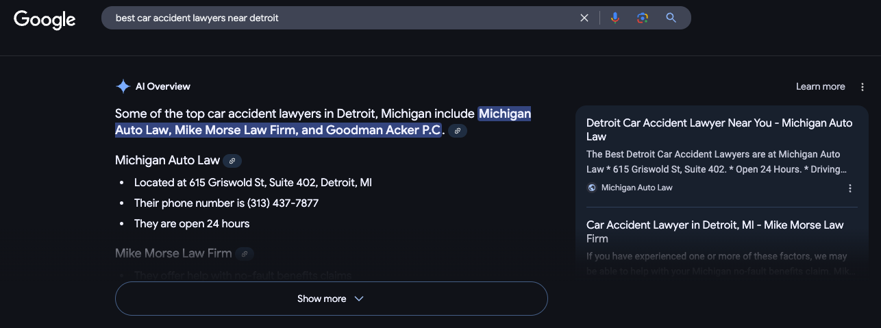 Google search engine result for car accident lawyers showing AIO.