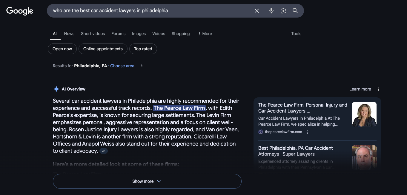 Google SERP for who are the best car accident lawyers in philadelphia