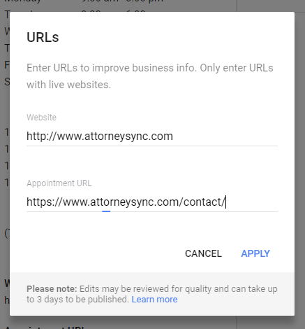 Google My Business Appointment URL