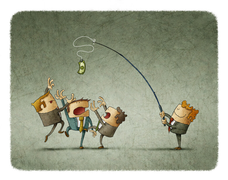 Illustration of man holding rod with dollar and teasing colleagues
