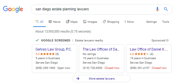 Google Local Services Ads for San Diego Estate Planning Lawyer Search