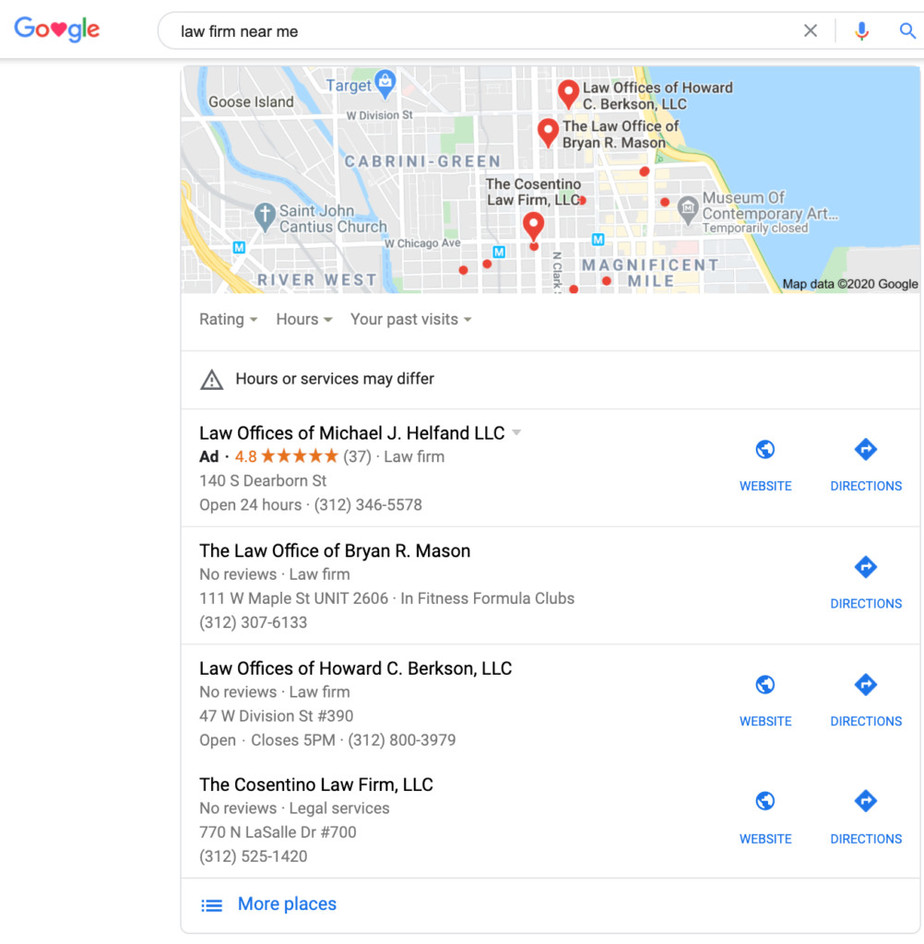 Example of SERP to depict local SEO for law firms.